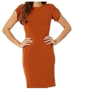 Calvin Klein Dress Tulip Sleeve Sheath Orange 12 Stretch Casual Career Midi Fall
